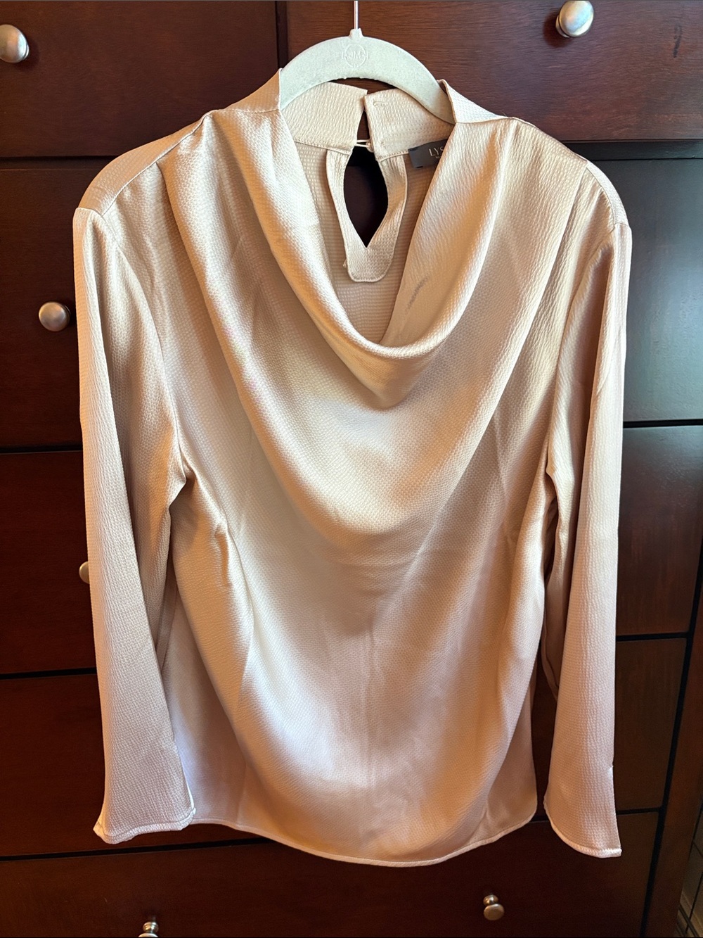 Women's washable silky Cowl Neck Long Sleeve blouse - light gold/beige